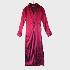 Mila Mae Twist Front Long Sleeve Satin Midi Shirtdress Red sz Small NWT